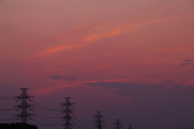 Low angle view of electricity pylon at sunset