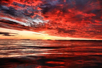 Scenic view of sea against cloudy sky during sunset