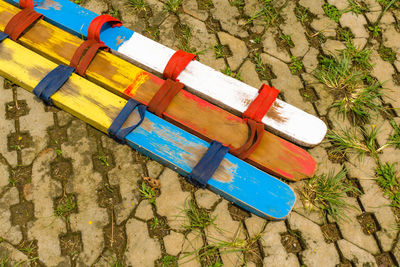 High angle view of multi colored bench on table