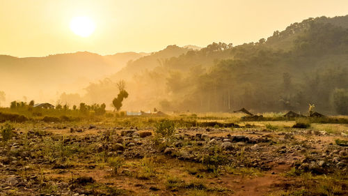 Scenic view of field against sky during sunset