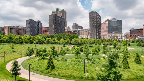 Plants growing by modern buildings in city against sky