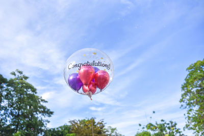 Low angle view of hot air balloons against sky