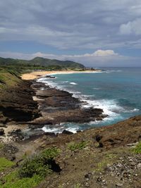 Scenic view of sea against cloudy sky