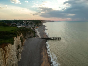 High angle view of sea against sky during sunset