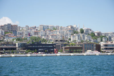 Boats in sea against clear sky