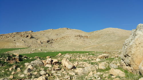 Scenic view of mountains against clear blue sky