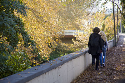Rear view of friends walking by retaining wall on autumn leaves at park
