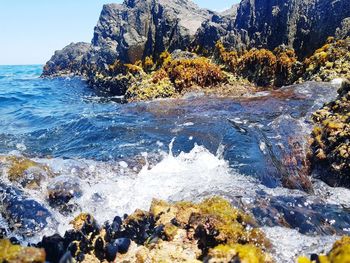 Scenic view of rocks in sea against sky