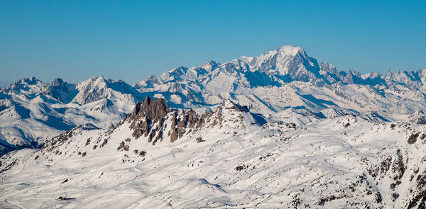 Scenic view of snowcapped mountains against clear blue sky