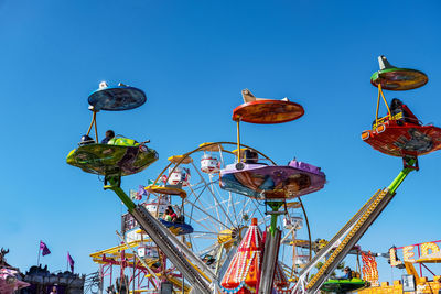 Low angle view of ferris wheel against clear blue sky