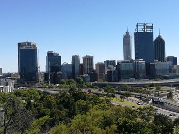 Cityscape against clear sky