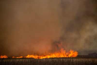 Low angle view of fire against orange sky