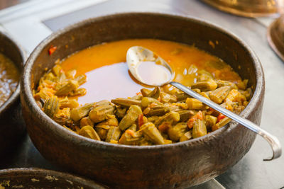 High angle view of fresh meal in claypot