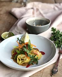 High angle view of meal served in bowl on table