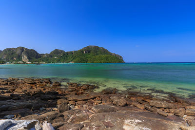 Scenic view of sea against clear blue sky