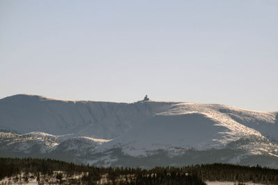 Scenic view of snowcapped mountains against clear sky