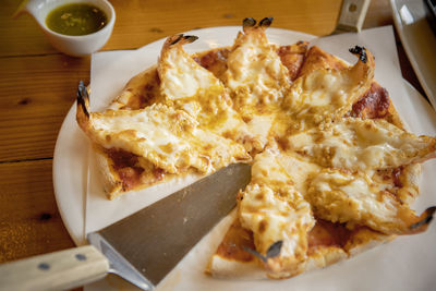 High angle view of food in plate on table