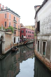 Canal in city against clear sky