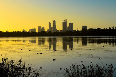 Lake monger reserve - perth skyline over the lake.