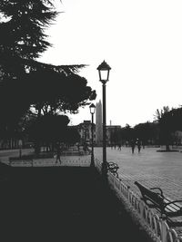 People on street light against clear sky