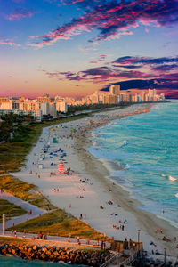 Aerial view of beach during sunset