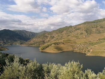 Scenic view of lake and mountains against sky