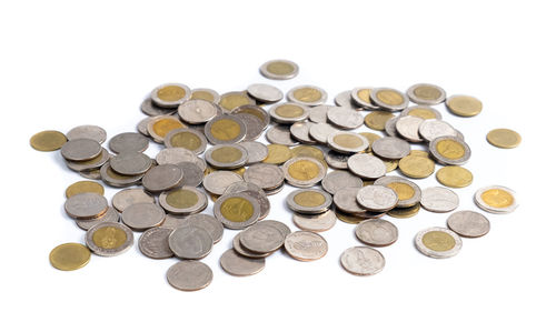 High angle view of coins
