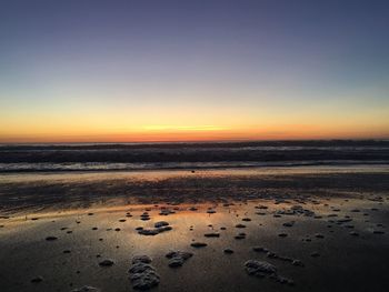 Scenic view of beach against sky during sunset