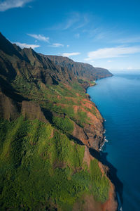 Scenic view of sea and mountains against sky