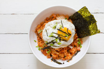 High angle view of food in plate on table