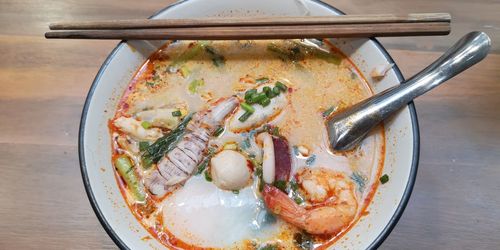 High angle view of food in plate on table