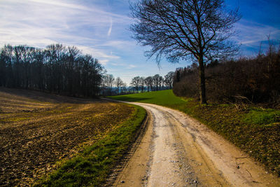 Road amidst trees on field against sky