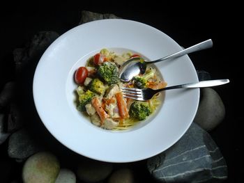 High angle view of food served on table