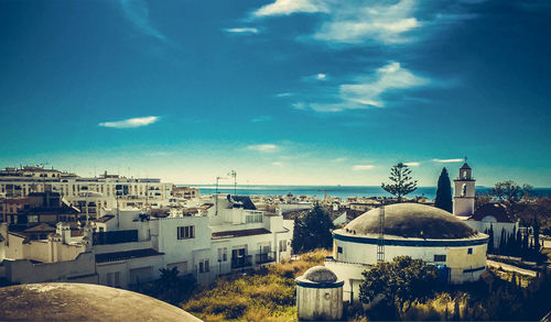 High angle view of buildings in city