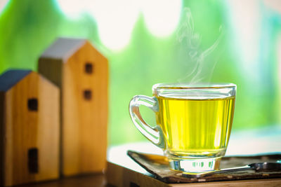 Close-up of tea in glass on table