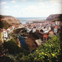 High angle view of town at seaside