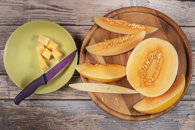 High angle view of fruits in bowl on table