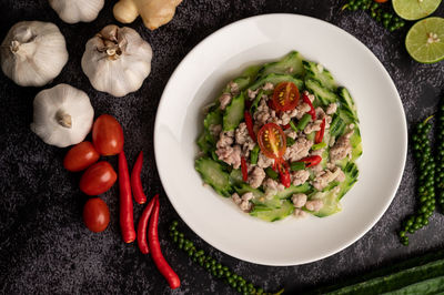 Directly above shot of salad served on table