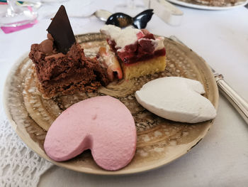 High angle view of dessert in plate on table