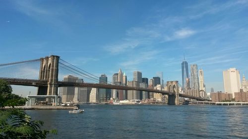 Bridge over river with city in background