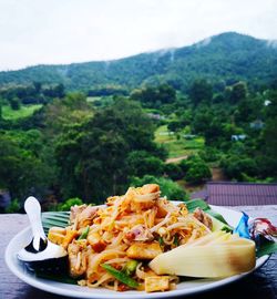 High angle view of food served on table