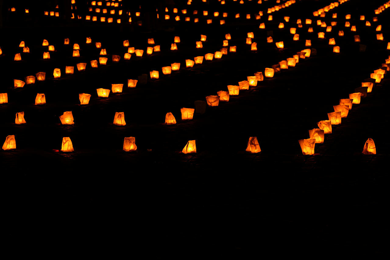 font, illuminated, lighting equipment, large group of objects, no people, in a row, light, darkness, night, celebration, tradition, orange color, lantern, abundance, event