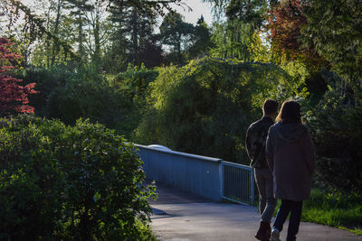 Rear view of couple walking on road by trees in park