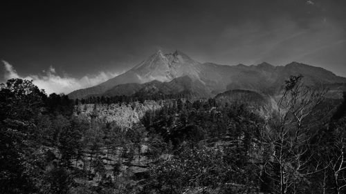 Merapi mountain in indonesia. mountain againts the sky in black and white photograph