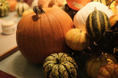 Close-up of pumpkins on table for sale