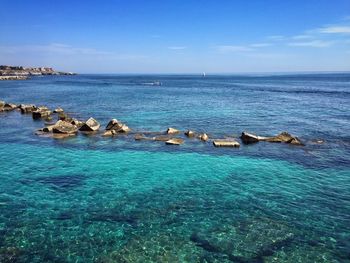 Scenic view of sea against blue sky