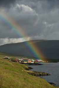 Scenic view of rainbow over land against sky