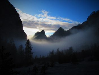 Scenic view of silhouette mountains against sky