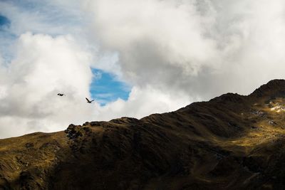 Flock of birds flying over mountain against sky