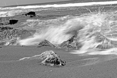 Waves breaking on rocks at beach